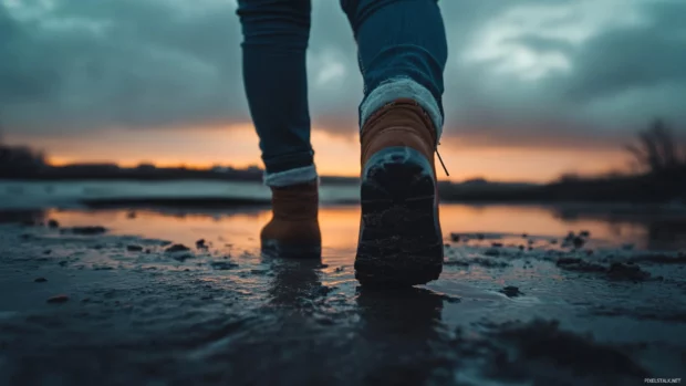 A close-up of a person feet walking on the beach scene at sunrise.