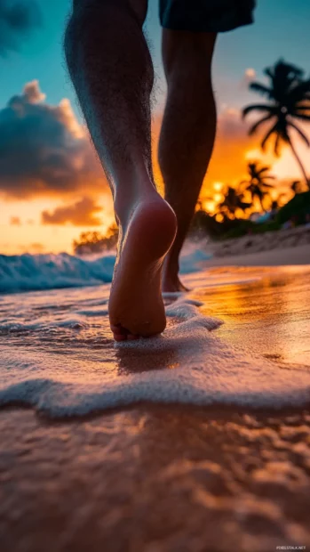 A close up of a person feet walking on the sand at sunset aesthetic desktop wallpaper.