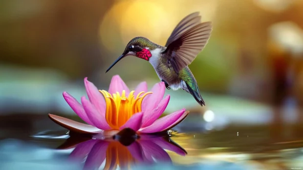A close up of a ruby throated hummingbird hovering above a water lily, glowing feathers sharp against a blurred pond.