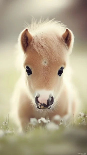 A close up of a small pony with big, sparkling eyes and a fluffy mane, munching on grass.