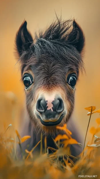 A close up of a small pony with big, sparkling eyes and a fluffy mane, munching on grass.