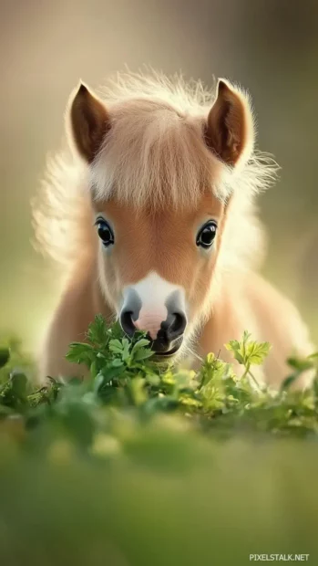 A close up of a small pony with big, sparkling eyes and a fluffy mane, munching on grass, set against a soft pastel background.