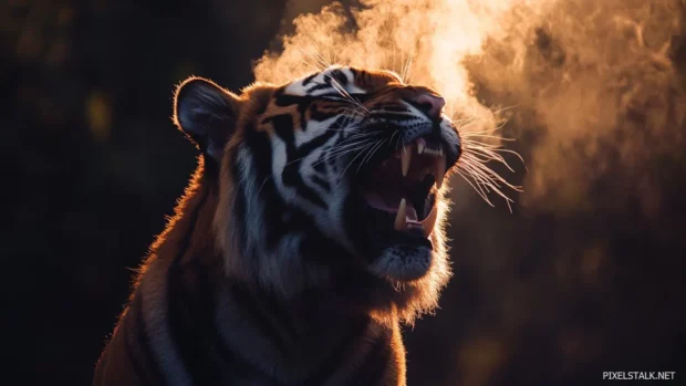 A close up of a tiger baring its teeth, steam rising from its breath in the cold night.