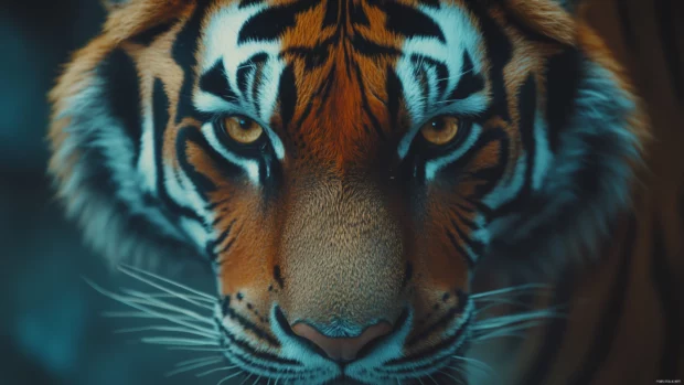 A close up of a tigers face with piercing golden eyes, simple dark background, minimal details, bold focus on the eyes.