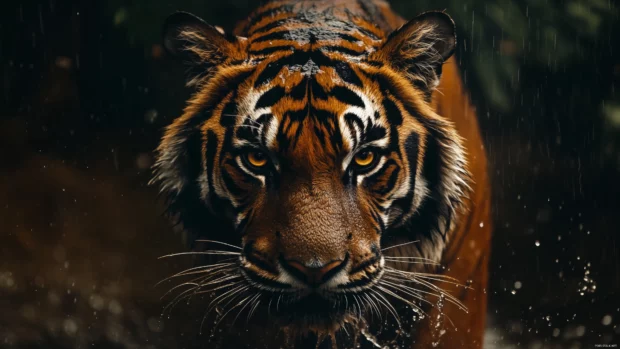 A close up of a tigers face with water droplets on its fur, intense golden eyes looking directly at the viewer, dark shadowy background for dramatic effect.