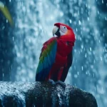 A close up of a vibrant parrot preening its feathers beside a rainforest waterfall.