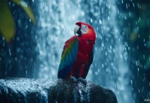 A close up of a vibrant parrot preening its feathers beside a rainforest waterfall.