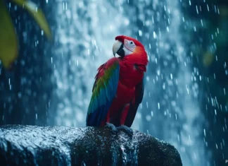 A close up of a vibrant parrot preening its feathers beside a rainforest waterfall.