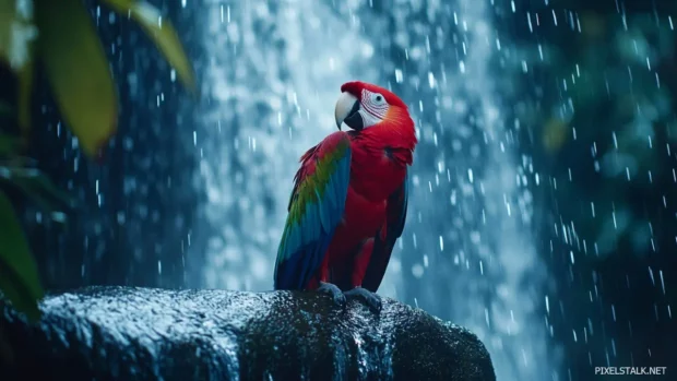 A close up of a vibrant parrot preening its feathers beside a rainforest waterfall.