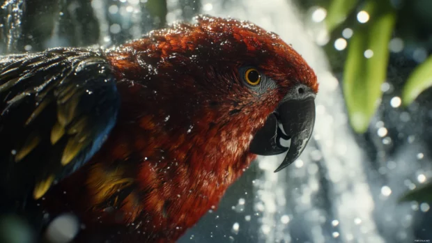 A close up of a vibrant parrot preening its feathers beside a rainforest waterfall, framed by glowing droplets.