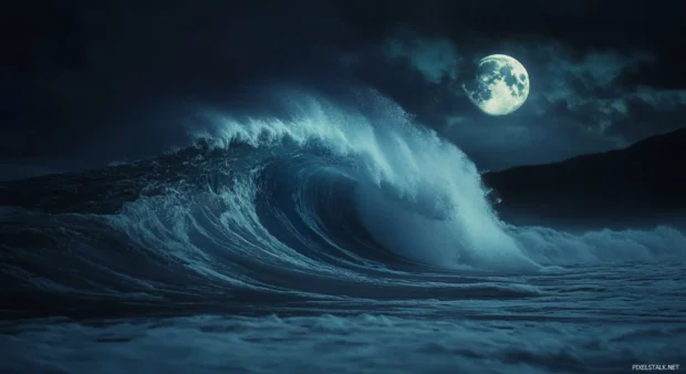 A close up of a wave crashing on the shore at night wallpaper.