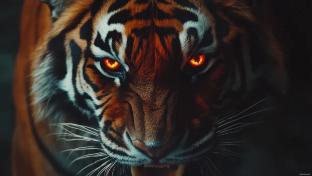 A close up of an angry tigers face with glowing red eyes, sharp focus on the piercing gaze.
