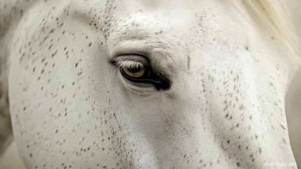 A close up portrait of a white horse face, its soft fur and deep expressive eyes creating an elegant and peaceful aura.