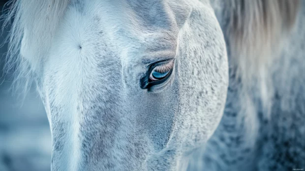 A close up portrait of a white horse's face, its soft fur and deep expressive eyes creating an elegant and peaceful aura.