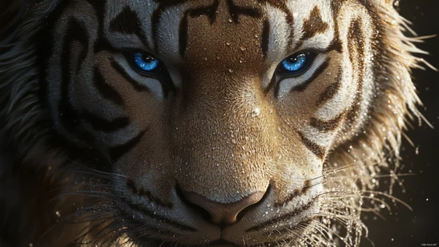 A close up portrait of a white tiger face with water droplets on its fur, intense gaze with glowing blue eyes.