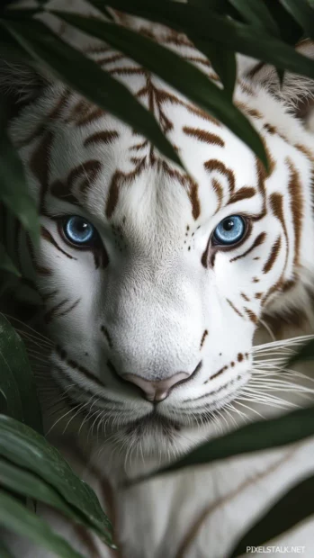 A close up portrait of a white tiger’s face framed by lush green jungle leaves, its eyes glowing bright blue.