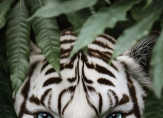 A close up portrait of a white tiger’s face framed by lush green jungle leaves, its eyes glowing bright blue, every detail of its whiskers and fur in sharp focus, soft natural light filtering.