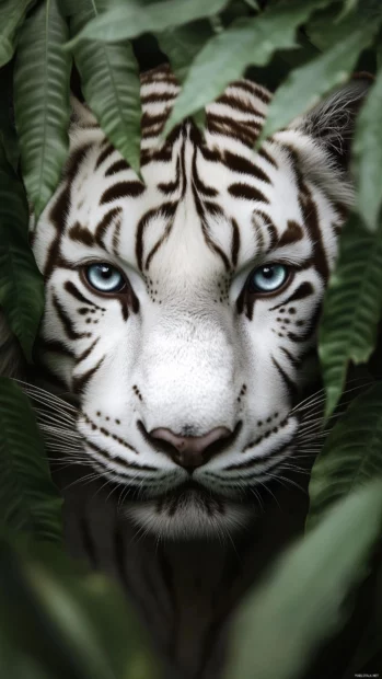 A close up portrait of a white tiger’s face framed by lush green jungle leaves, its eyes glowing bright blue, every detail of its whiskers and fur in sharp focus, soft natural light filtering.