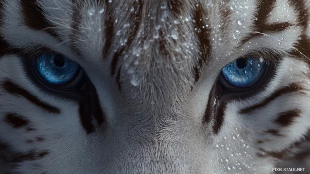 A close up portrait of a white tiger face with water droplets on its fur, intense gaze with glowing blue eyes, dark shadowy background.