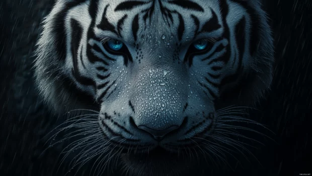 A close up portrait of a white tigers face with water droplets on its fur, intense gaze with glowing blue eyes, dark shadowy background for dramatic effect.