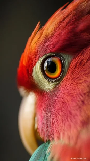 A close up vertical shot of a parrot eye and colorful plumage, detailed and intimate with soft shadows.