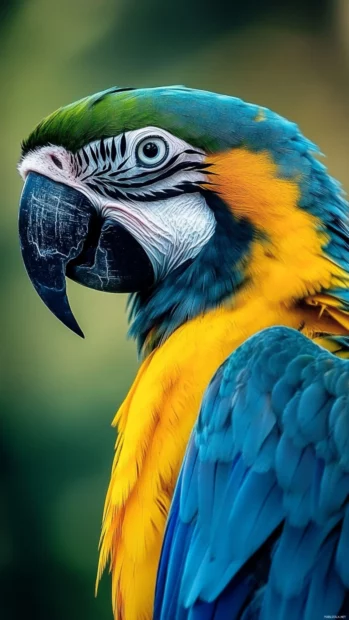 A close up vertical shot of a parrot eye and colorful plumage, detailed and intimate with soft shadows.