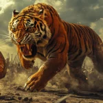 A colossal tiger prowling through an ancient battlefield, swords and shields scattered around.