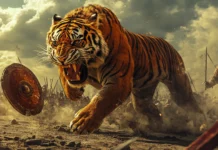 A colossal tiger prowling through an ancient battlefield, swords and shields scattered around.