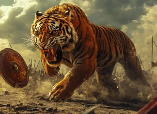 A colossal tiger prowling through an ancient battlefield, swords and shields scattered around.