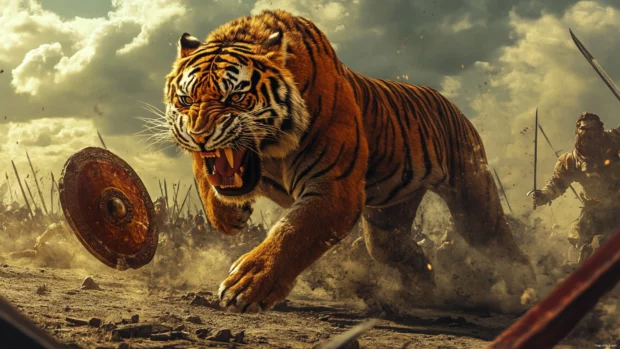 A colossal tiger prowling through an ancient battlefield, swords and shields scattered around.