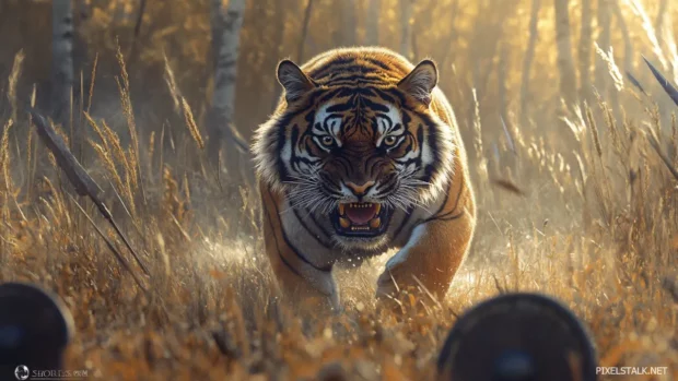 A colossal tiger prowling through an ancient battlefield, swords and shields scattered around, its deep growl echoing.