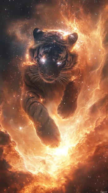 A cosmic tiger with a shimmering galaxy embedded in its fur, walking through a glowing nebula.
