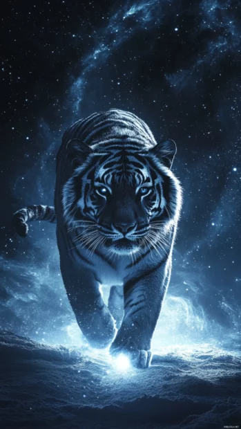 A cosmic tiger with a shimmering galaxy embedded in its fur, walking through a glowing nebula.