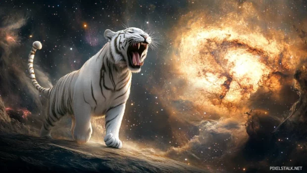 A cosmic white tiger, its fur blending with the galaxies, roaring as it stands on a celestial battlefield.