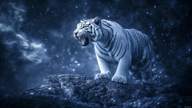 A cosmic white tiger, its fur blending with the galaxies, roaring as it stands on a celestial battlefield, cool and artistic.