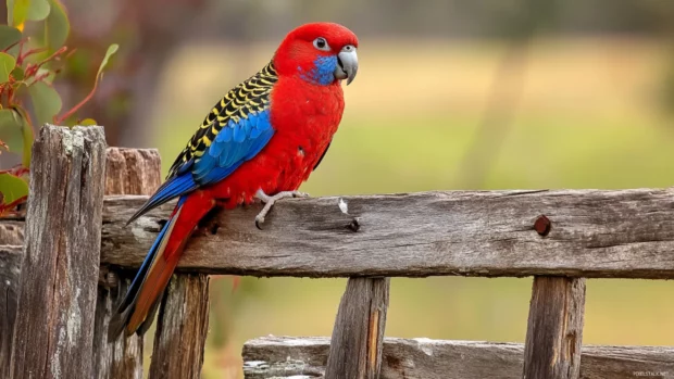 A crimson rosella perched on a rustic wooden fence in the Australian bush, blending with nature tones.