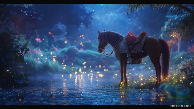 A cute anime inspired horse with a tiny saddle, standing in a fantasy forest.