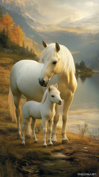 A cute baby horse standing beside its mother.