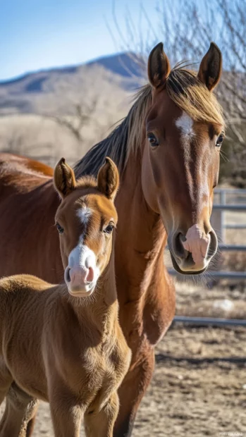 A cute baby horse standing beside its mother, both looking affectionately at the camera.