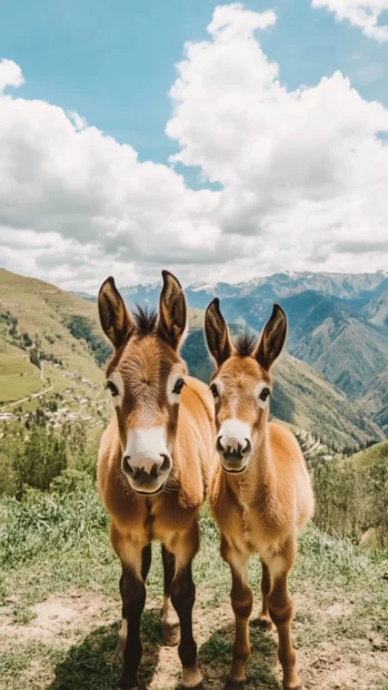 A cute baby horse standing beside its mother, both looking affectionately at the camera, with a picturesque landscape in the background.