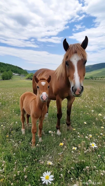 A cute baby horse standing beside its mother, both looking affectionately at the camera, with a picturesque landscape in the background.