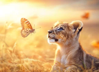 A cute baby lion cub with big round eyes, playfully chasing a butterfly in a golden savanna, warm sunset in the background .