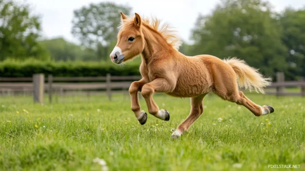 A cute cartoon style baby horse with a fluffy mane, playfully jumping in a green field, bright and cheerful atmosphere.