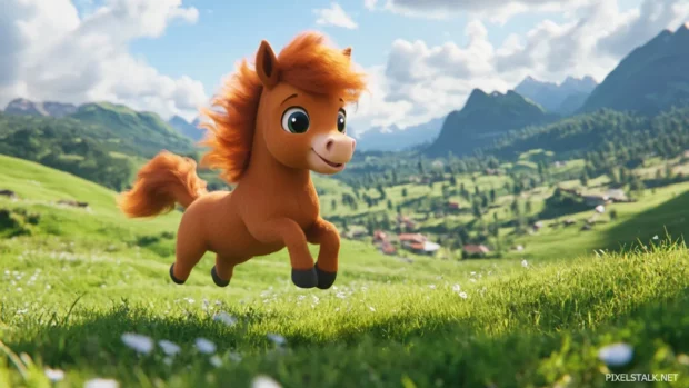 A cute cartoon style baby horse with a fluffy mane, playfully jumping in a green field, bright and cheerful atmosphere.