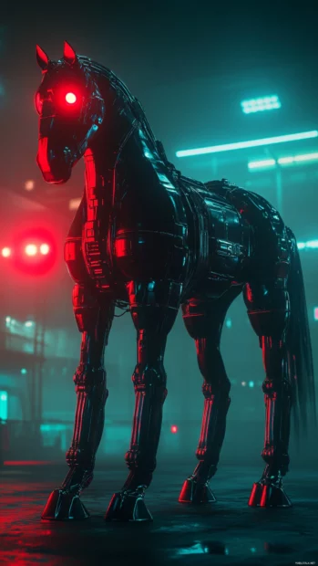 A cybernetic black horse with glowing red eyes and metallic plating, standing in a futuristic neon lit city.