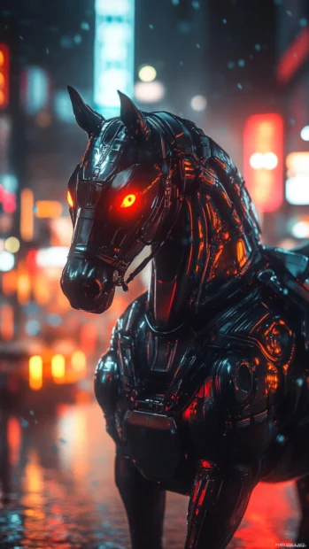 A cybernetic black horse with glowing red eyes and metallic plating, standing in a futuristic neon lit city.