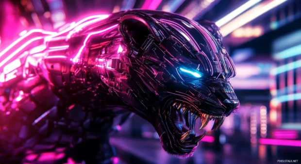 A cybernetic lion with mechanical enhancements.