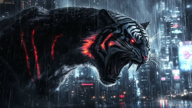 A cybernetic tiger with glowing neon stripes, roaring aggressively in a futuristic cyberpunk city, rain reflecting neon lights.