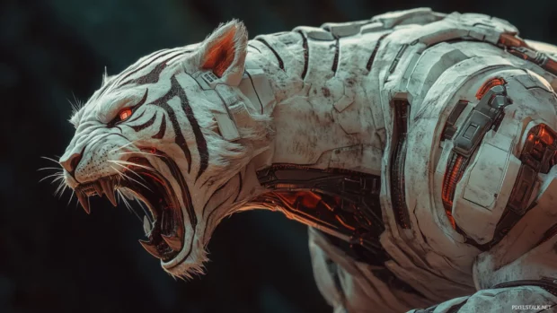A cybernetic white tiger with robotic armor plating.