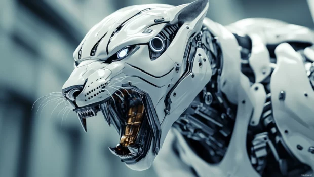 A cybernetic white tiger with robotic armor plating, its mouth open in a terrifying roar, futuristic and powerful aesthetic.